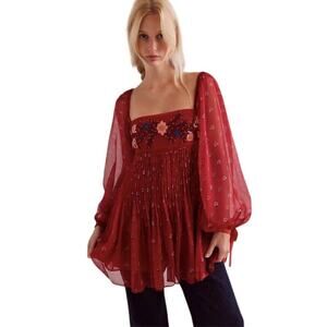 Free People Through the Meadows Mini Dress Red Floral Embroidered Boho S
